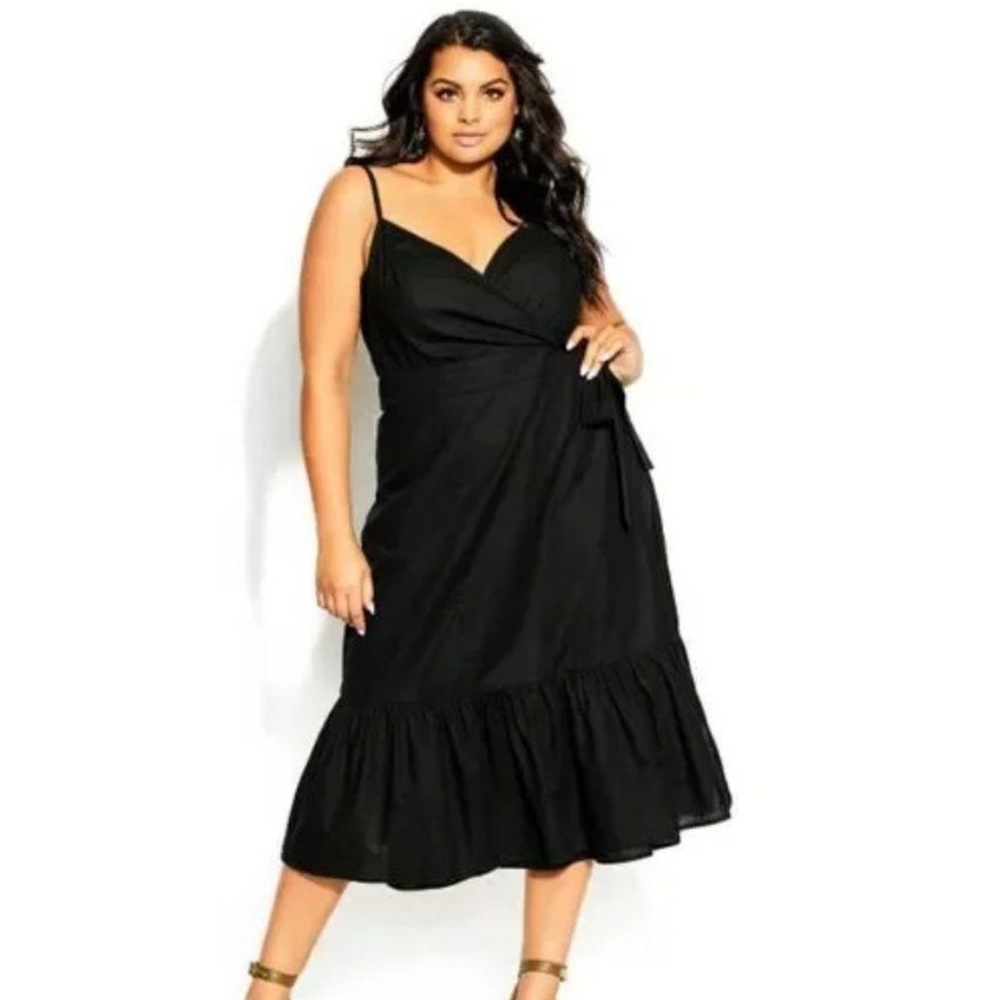 Nwt city chic sweet tie midi ruffle hem black linen blend dress size M 18